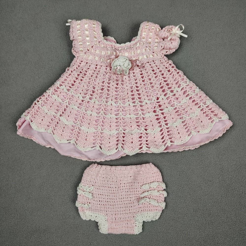 Vintage Handmade Crochet‎ Baby Girl Dress Newborn Pink Lined W/ Diaper Cover EC
